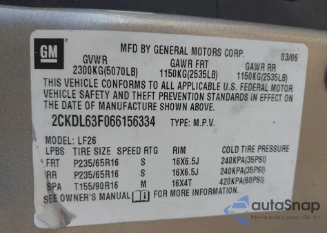 2006 Pontiac Torrent из США, поврежденный, VIN 2CKDL63F066156334